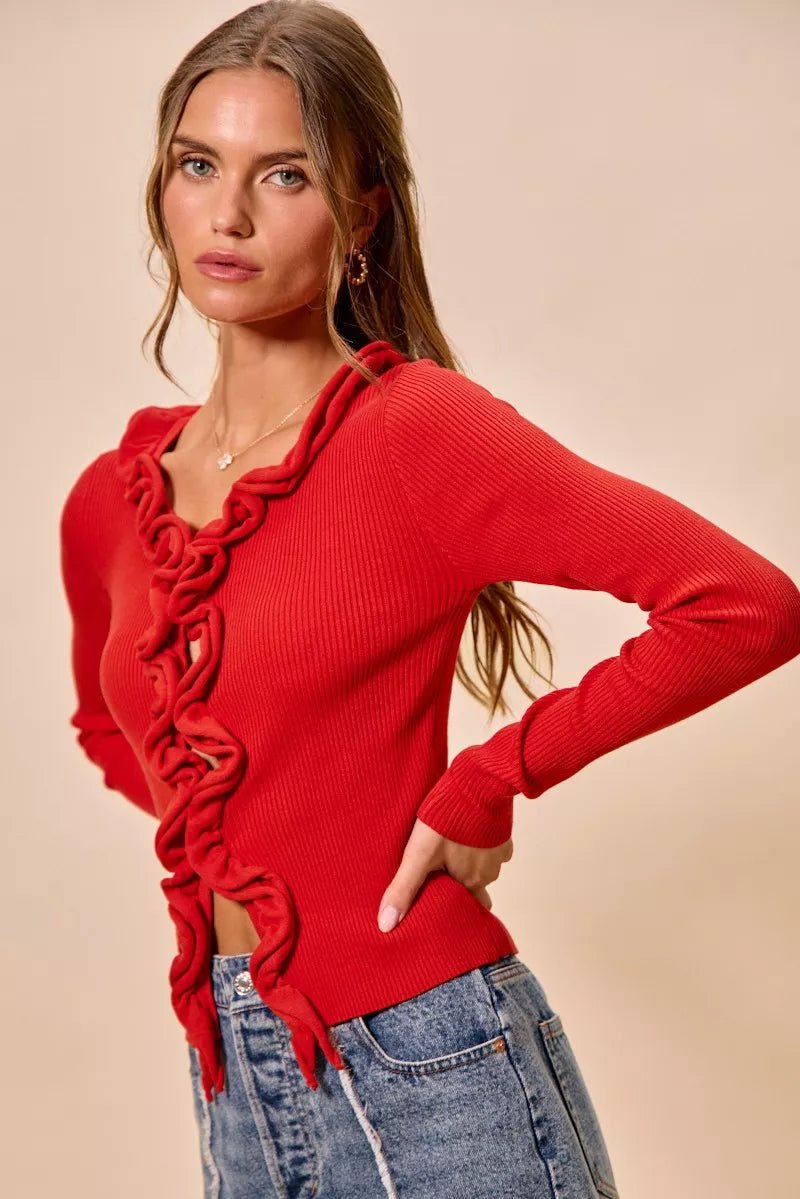 SO ME Cascade Ruffle Ribbed Sweater Cardgian - Bitsy Gypsy Boutique
