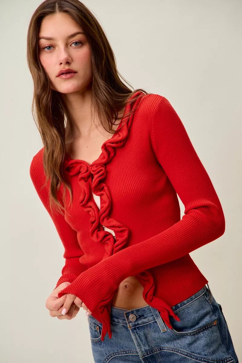 SO ME Cascade Ruffle Ribbed Sweater Cardgian - Bitsy Gypsy Boutique