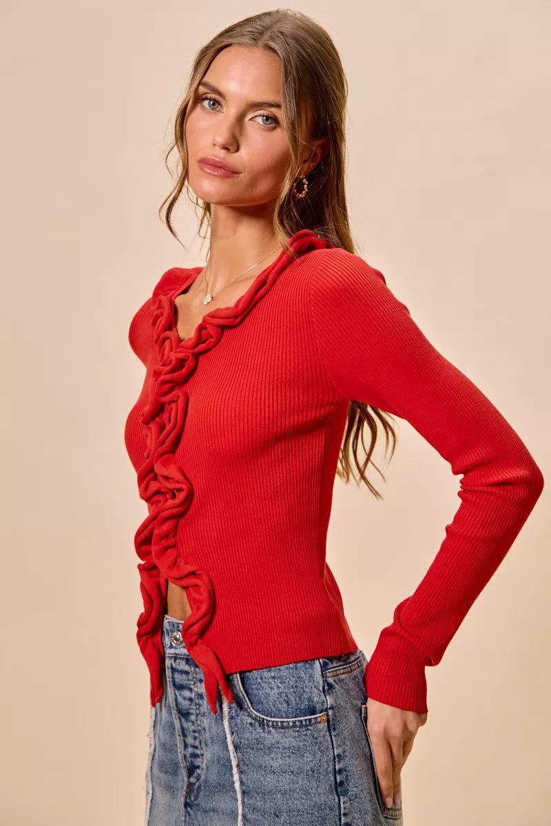 SO ME Cascade Ruffle Ribbed Sweater Cardgian - Bitsy Gypsy Boutique