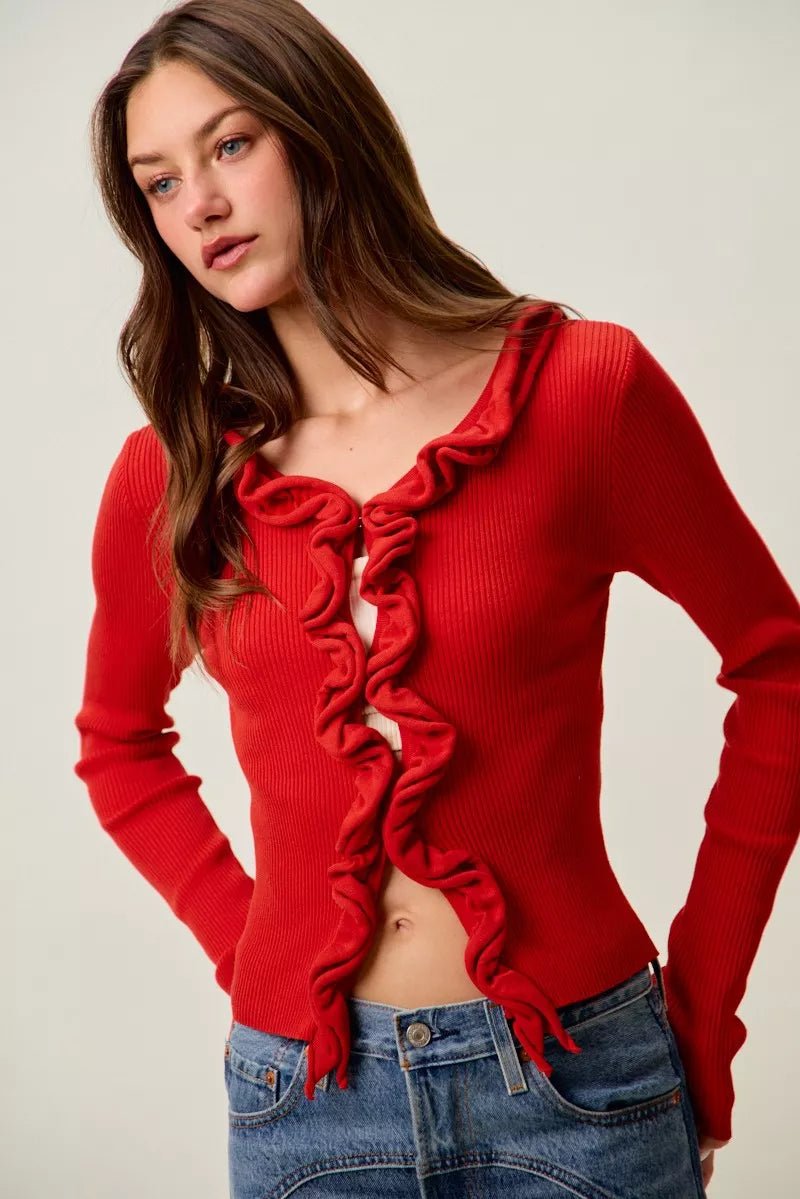 SO ME Cascade Ruffle Ribbed Sweater Cardgian - Bitsy Gypsy Boutique