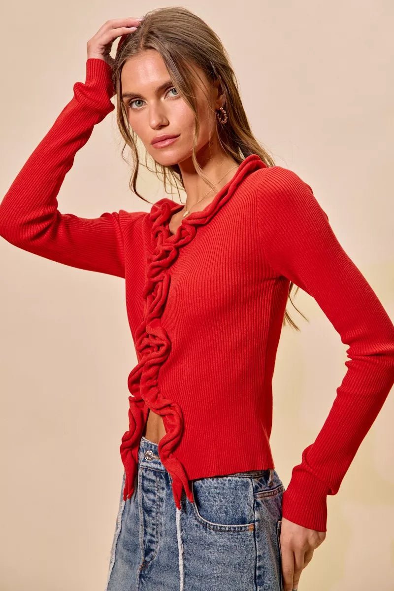 SO ME Cascade Ruffle Ribbed Sweater Cardgian - Bitsy Gypsy Boutique
