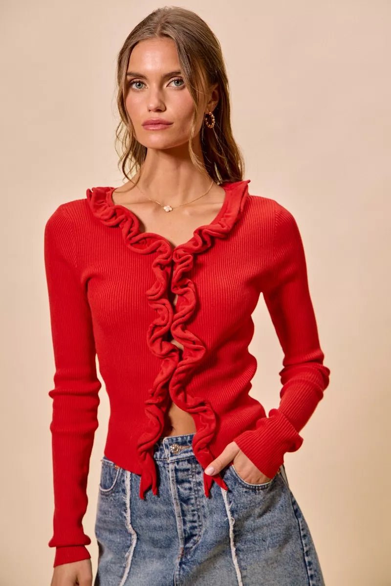 SO ME Cascade Ruffle Ribbed Sweater Cardgian - Bitsy Gypsy Boutique