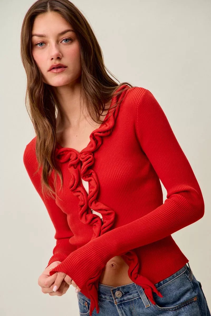 SO ME Cascade Ruffle Ribbed Sweater Cardgian - Bitsy Gypsy Boutique