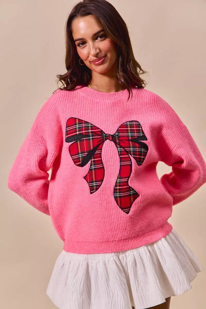 SO ME Checker Plaid Ribbon Christmas Holiday Sweater - Bitsy Gypsy Boutique