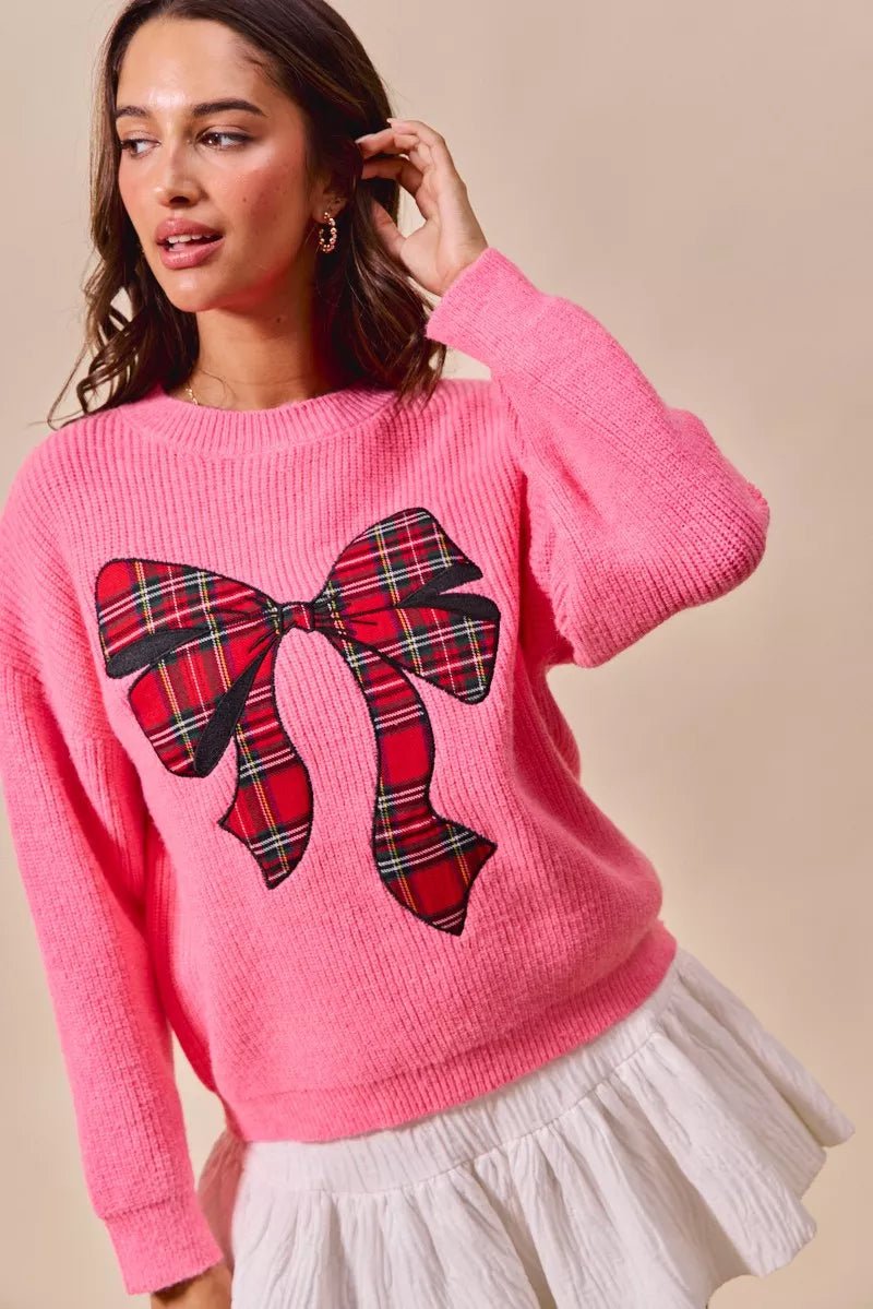 SO ME Checker Plaid Ribbon Christmas Holiday Sweater - Bitsy Gypsy Boutique