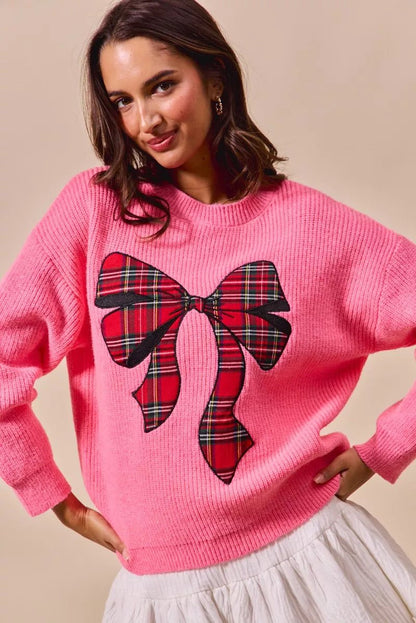 SO ME Checker Plaid Ribbon Christmas Holiday Sweater - Bitsy Gypsy Boutique
