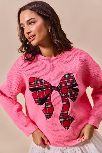 SO ME Checker Plaid Ribbon Christmas Holiday Sweater - Bitsy Gypsy Boutique