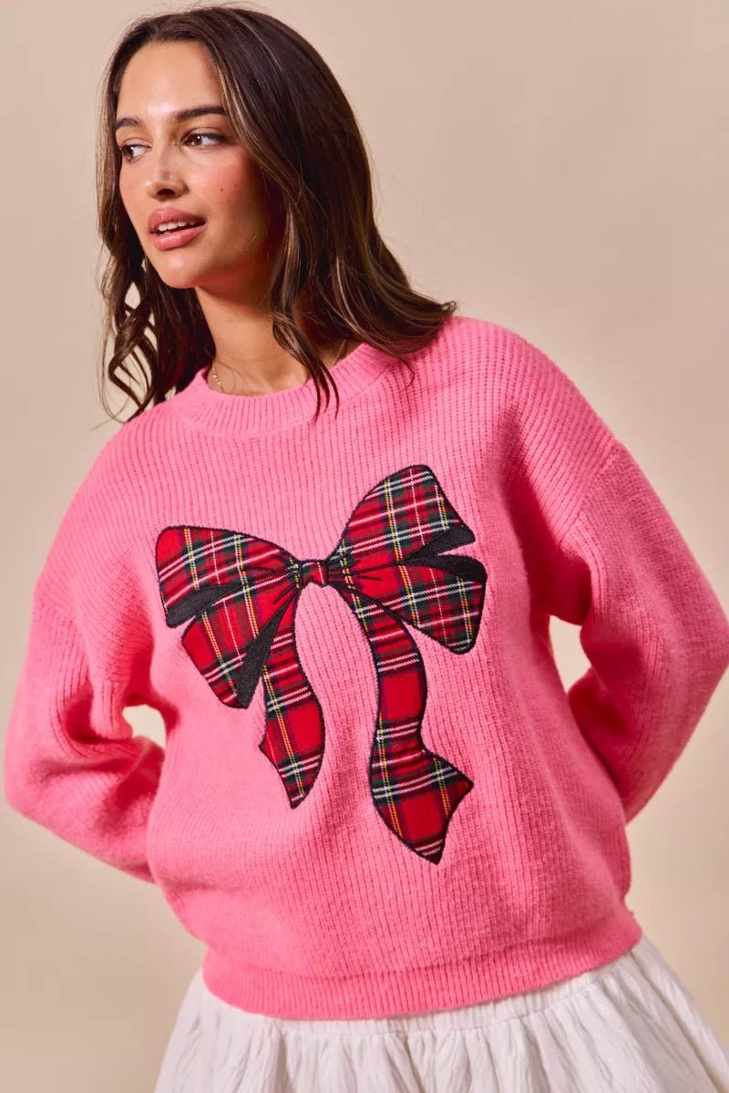 SO ME Checker Plaid Ribbon Christmas Holiday Sweater - Bitsy Gypsy Boutique