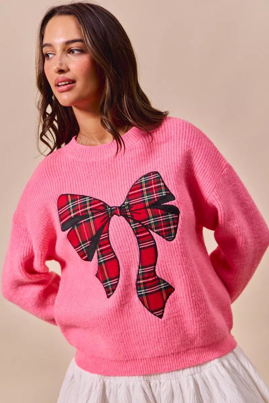 SO ME Checker Plaid Ribbon Christmas Holiday Sweater - Bitsy Gypsy Boutique