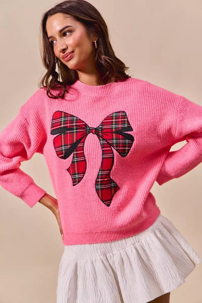 SO ME Checker Plaid Ribbon Christmas Holiday Sweater - Bitsy Gypsy Boutique