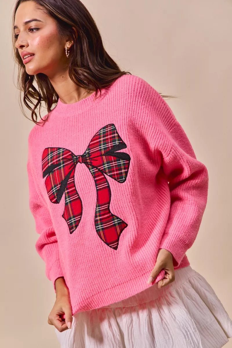 SO ME Checker Plaid Ribbon Christmas Holiday Sweater - Bitsy Gypsy Boutique
