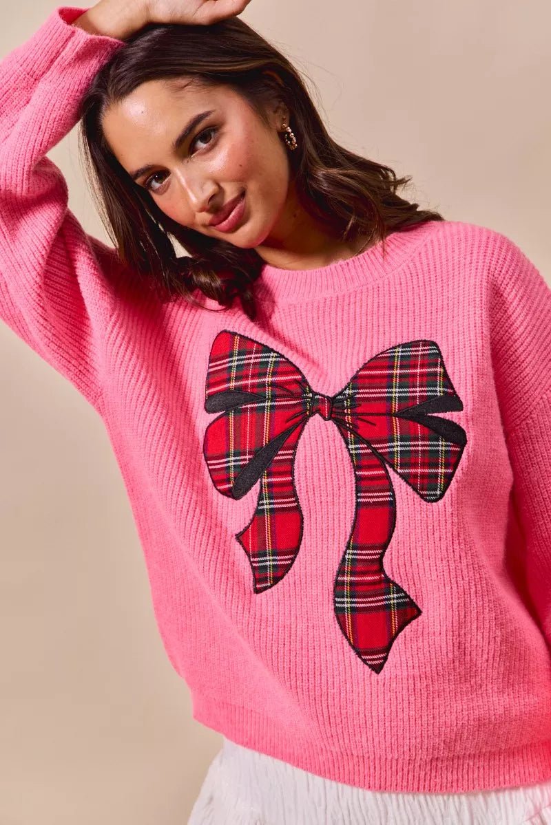 SO ME Checker Plaid Ribbon Christmas Holiday Sweater - Bitsy Gypsy Boutique