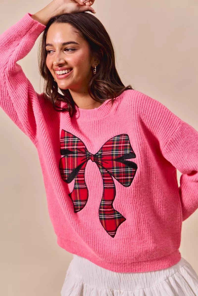SO ME Checker Plaid Ribbon Christmas Holiday Sweater - Bitsy Gypsy Boutique