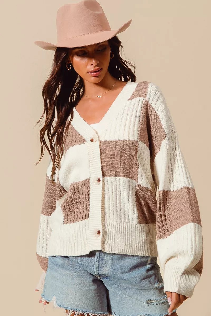 SO ME Checkered Button Front Ribbed Sweater Cardigan - Bitsy Gypsy Boutique