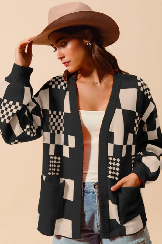 SO ME Checkered Open Front Cardigan with Pockets - Bitsy Gypsy Boutique