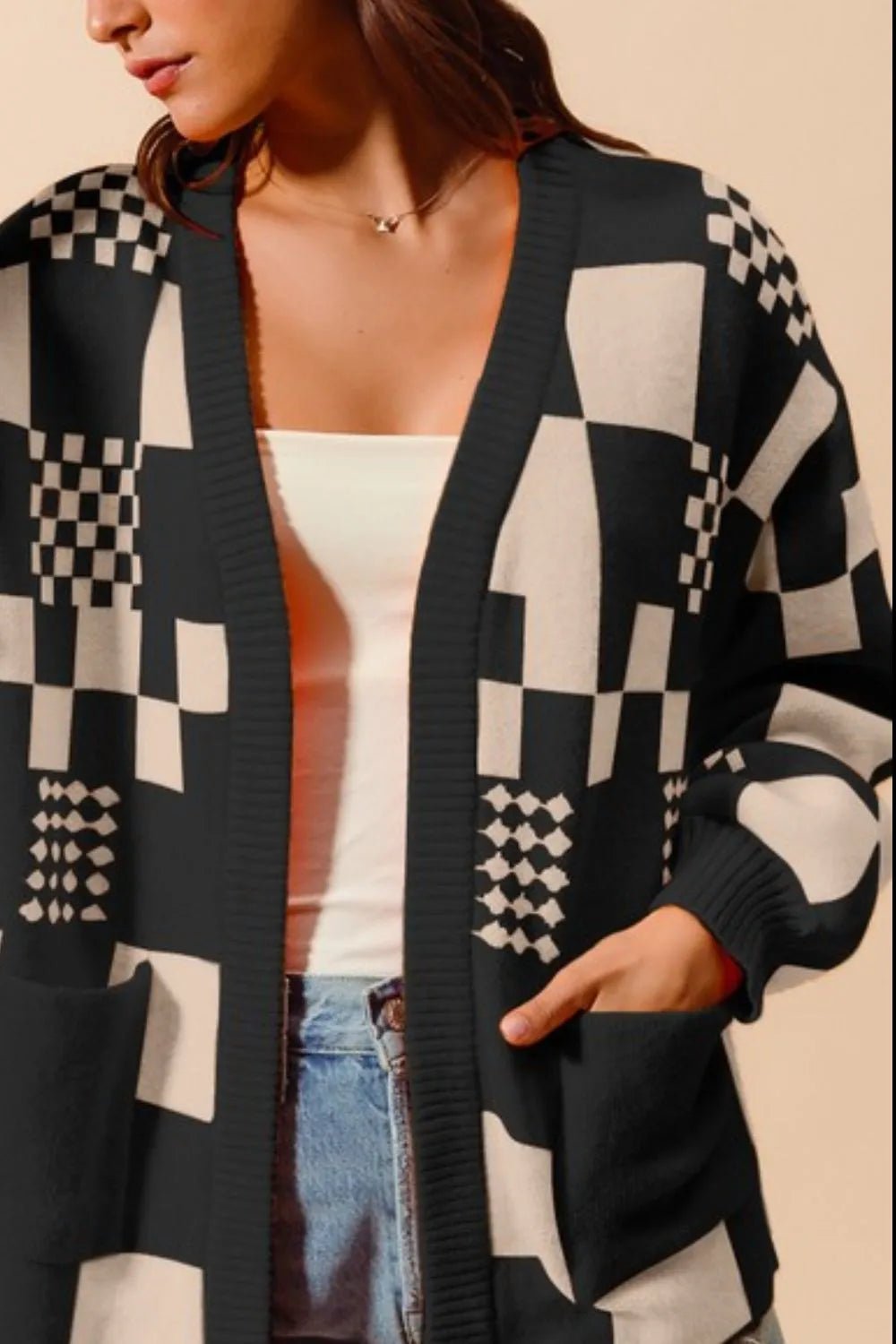SO ME Checkered Open Front Cardigan with Pockets - Bitsy Gypsy Boutique