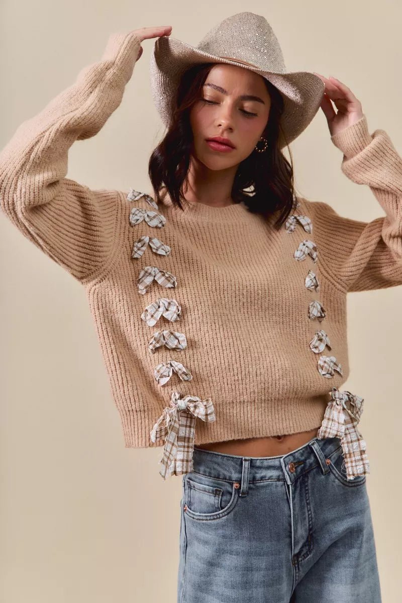 SO ME Checkered Plaid Tape Lace Up Ribbed Sweater - Bitsy Gypsy Boutique