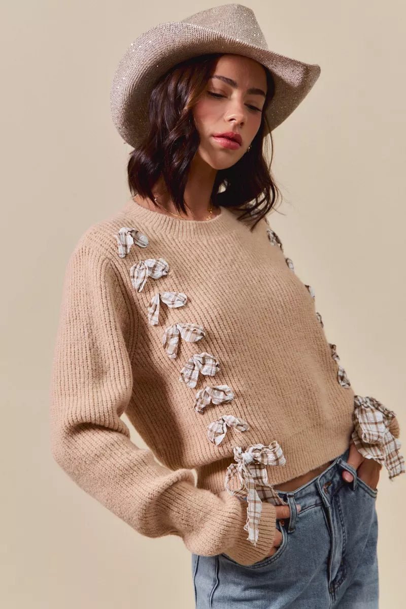 SO ME Checkered Plaid Tape Lace Up Ribbed Sweater - Bitsy Gypsy Boutique