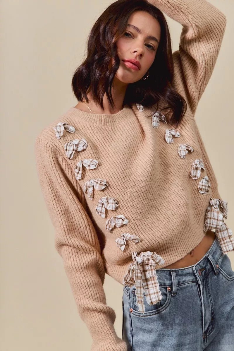 SO ME Checkered Plaid Tape Lace Up Ribbed Sweater - Bitsy Gypsy Boutique