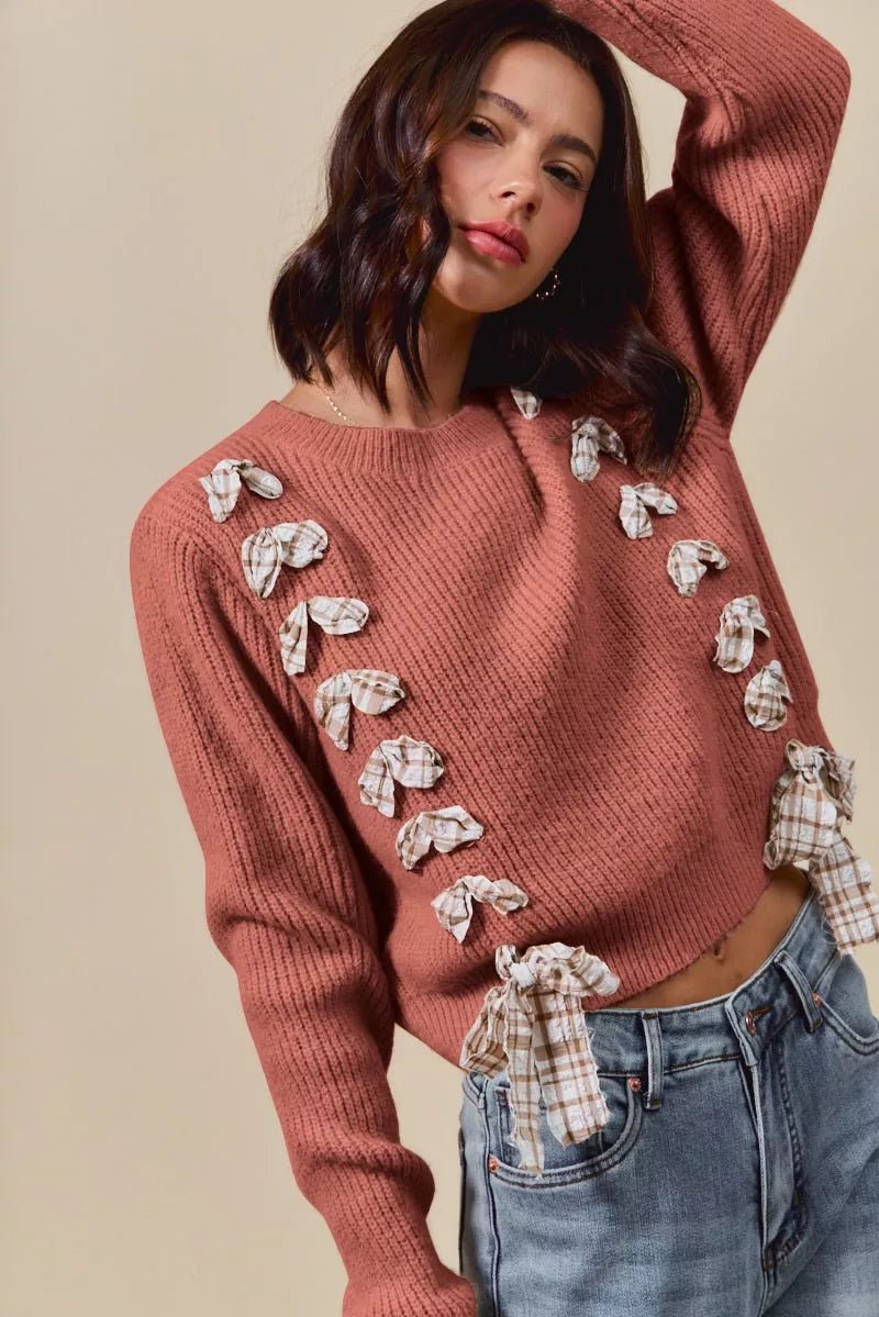 SO ME Checkered Plaid Tape Lace Up Ribbed Sweater - Bitsy Gypsy Boutique