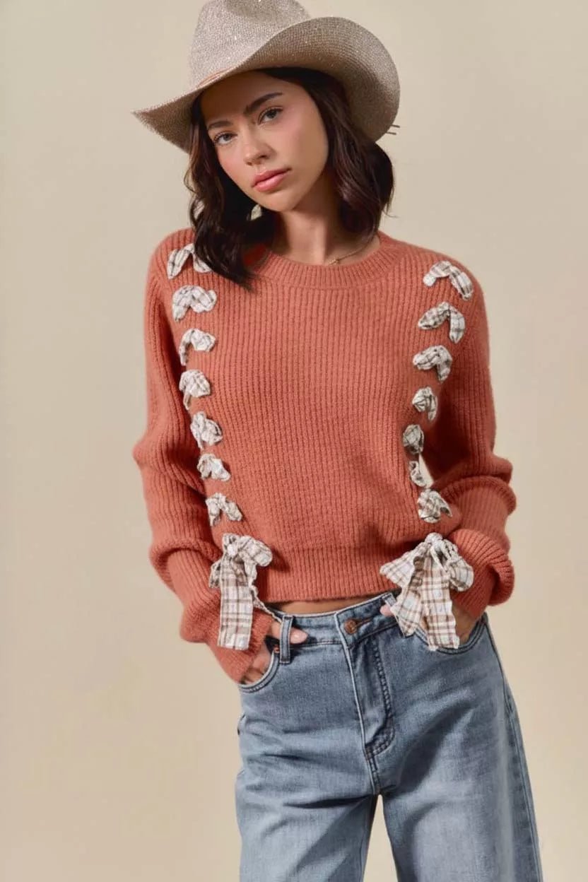 SO ME Checkered Plaid Tape Lace Up Ribbed Sweater - Bitsy Gypsy Boutique