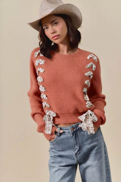 SO ME Checkered Plaid Tape Lace Up Ribbed Sweater - Bitsy Gypsy Boutique