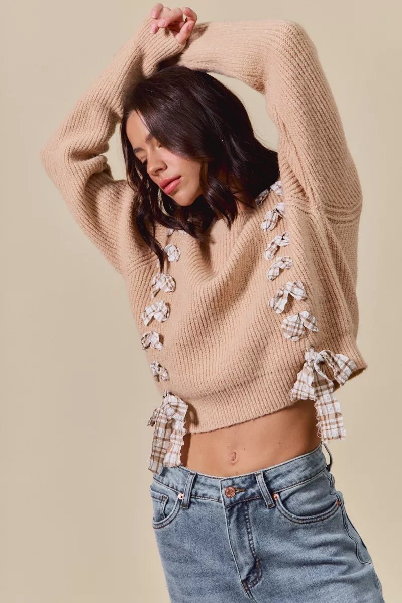 SO ME Checkered Plaid Tape Lace Up Ribbed Sweater - Bitsy Gypsy Boutique
