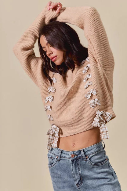 SO ME Checkered Plaid Tape Lace Up Ribbed Sweater - Bitsy Gypsy Boutique