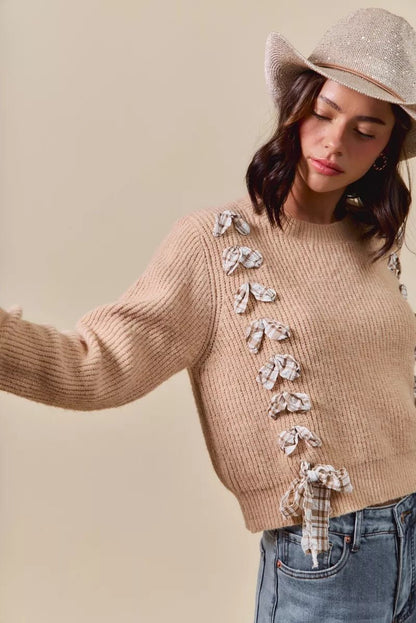 SO ME Checkered Plaid Tape Lace Up Ribbed Sweater - Bitsy Gypsy Boutique