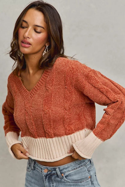 SO ME Chenille Cable Knit V Neck Contrast Cropped Sweater - Bitsy Gypsy Boutique
