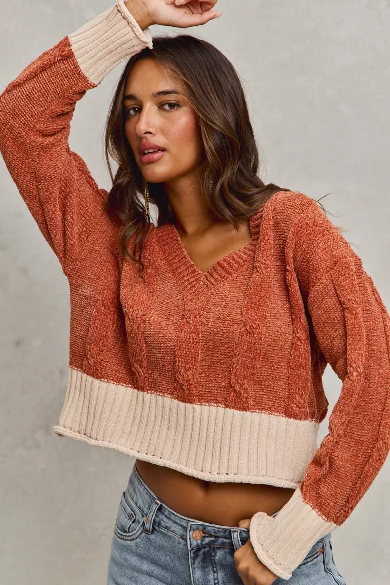 SO ME Chenille Cable Knit V Neck Contrast Cropped Sweater - Bitsy Gypsy Boutique