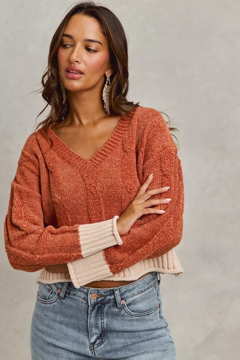 SO ME Chenille Cable Knit V Neck Contrast Cropped Sweater - Bitsy Gypsy Boutique