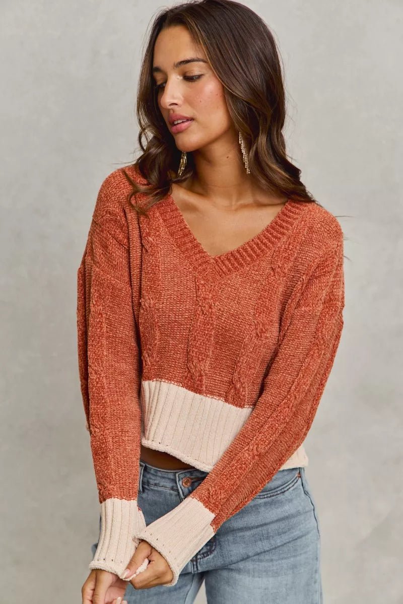 SO ME Chenille Cable Knit V Neck Contrast Cropped Sweater - Bitsy Gypsy Boutique