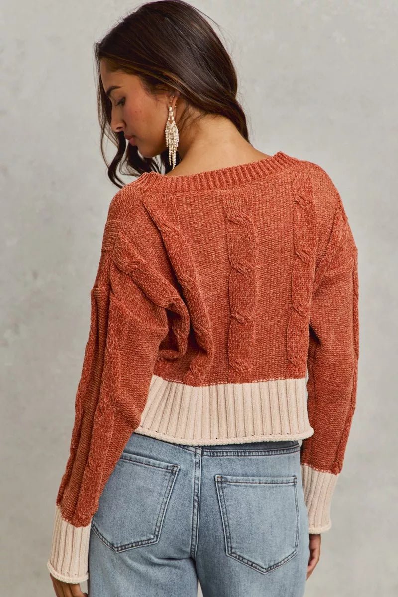 SO ME Chenille Cable Knit V Neck Contrast Cropped Sweater - Bitsy Gypsy Boutique