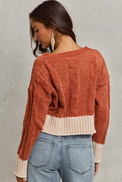 SO ME Chenille Cable Knit V Neck Contrast Cropped Sweater - Bitsy Gypsy Boutique