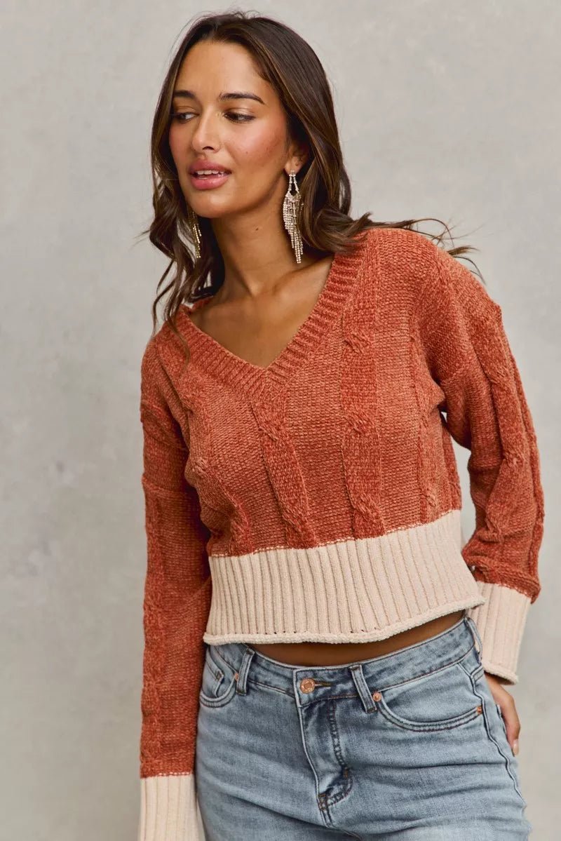 SO ME Chenille Cable Knit V Neck Contrast Cropped Sweater - Bitsy Gypsy Boutique