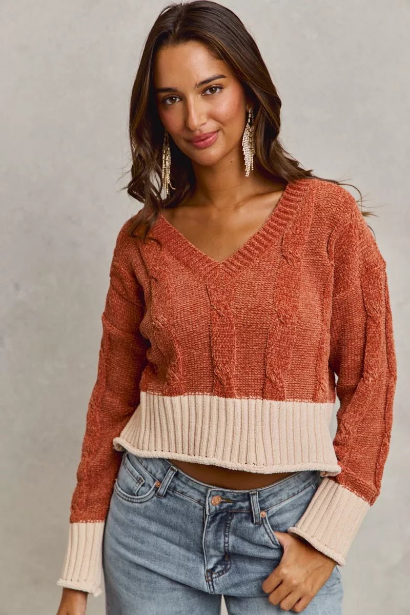 SO ME Chenille Cable Knit V Neck Contrast Cropped Sweater - Bitsy Gypsy Boutique