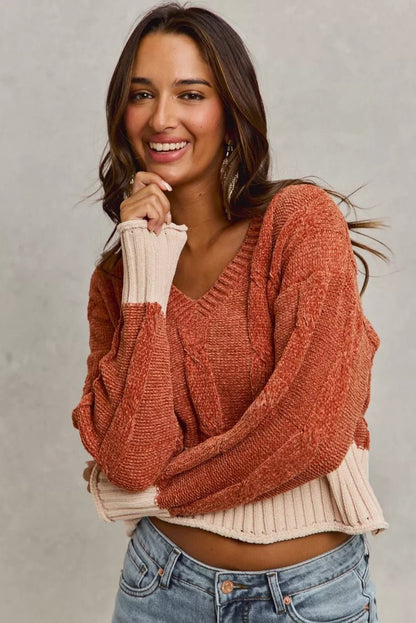SO ME Chenille Cable Knit V Neck Contrast Cropped Sweater - Bitsy Gypsy Boutique