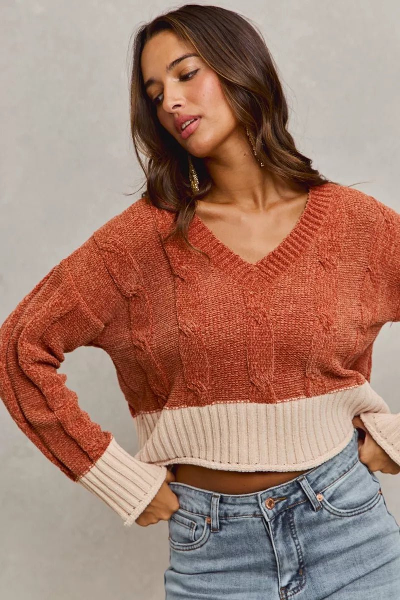 SO ME Chenille Cable Knit V Neck Contrast Cropped Sweater - Bitsy Gypsy Boutique