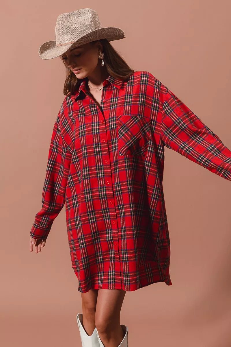 SO ME Christmas Checker Plaid Button Up Shirt Dress - Bitsy Gypsy Boutique