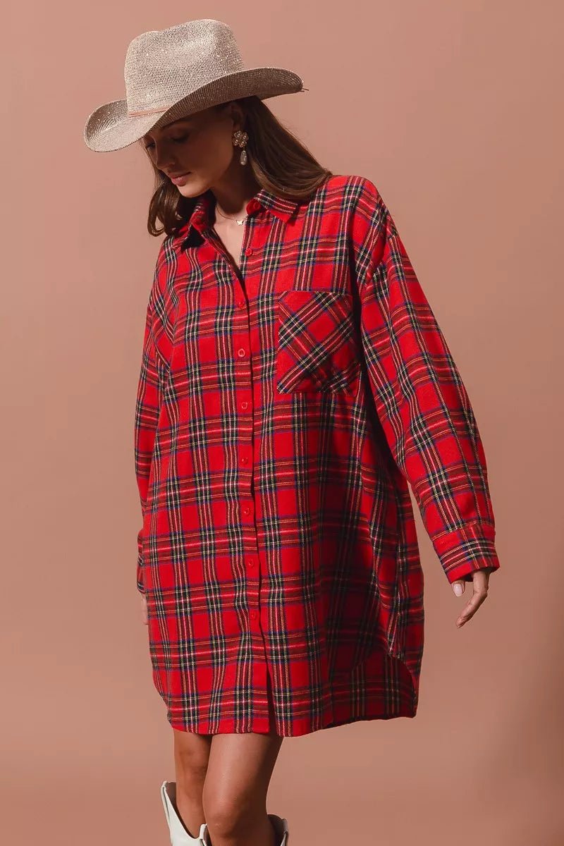 SO ME Christmas Checker Plaid Button Up Shirt Dress - Bitsy Gypsy Boutique