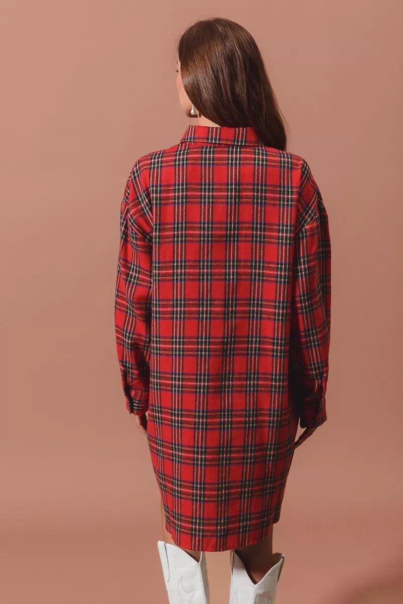 SO ME Christmas Checker Plaid Button Up Shirt Dress - Bitsy Gypsy Boutique