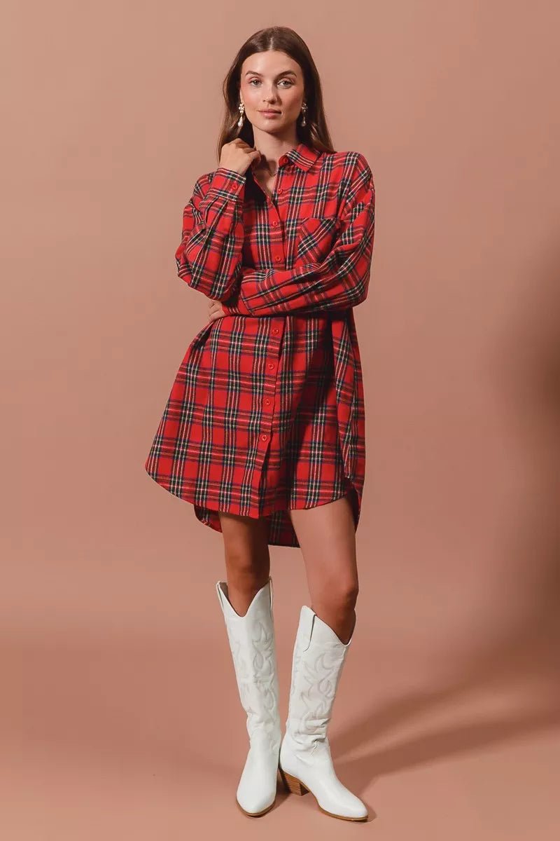 SO ME Christmas Checker Plaid Button Up Shirt Dress - Bitsy Gypsy Boutique