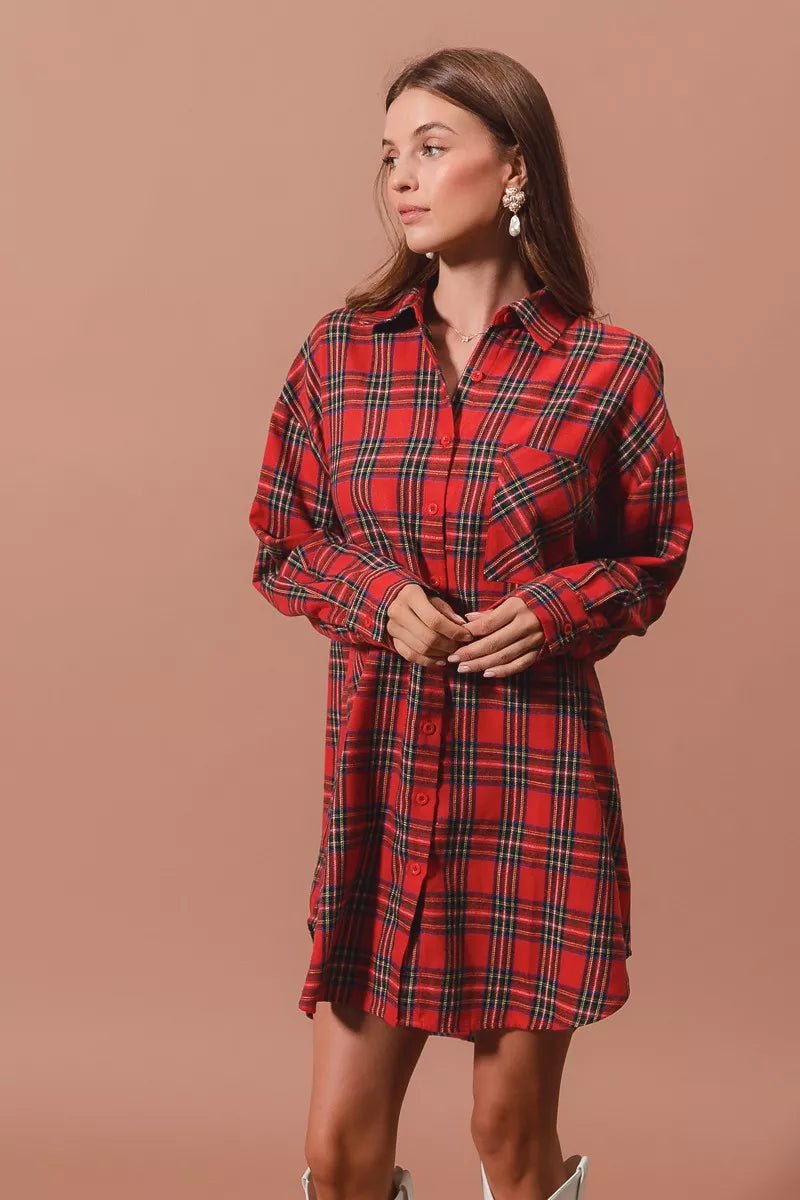 SO ME Christmas Checker Plaid Button Up Shirt Dress - Bitsy Gypsy Boutique