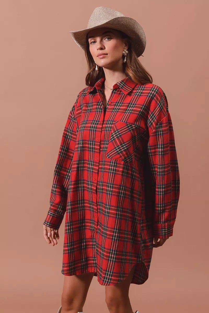 SO ME Christmas Checker Plaid Button Up Shirt Dress - Bitsy Gypsy Boutique