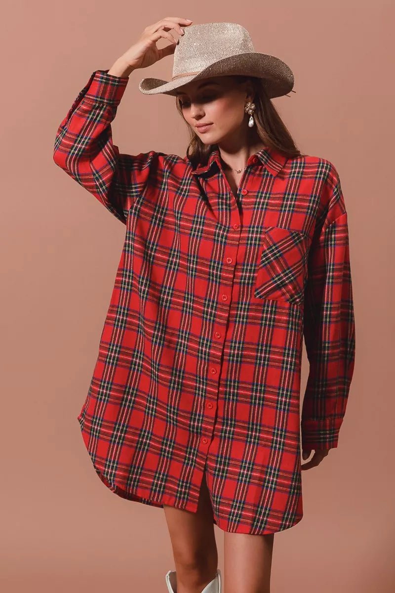 SO ME Christmas Checker Plaid Button Up Shirt Dress - Bitsy Gypsy Boutique