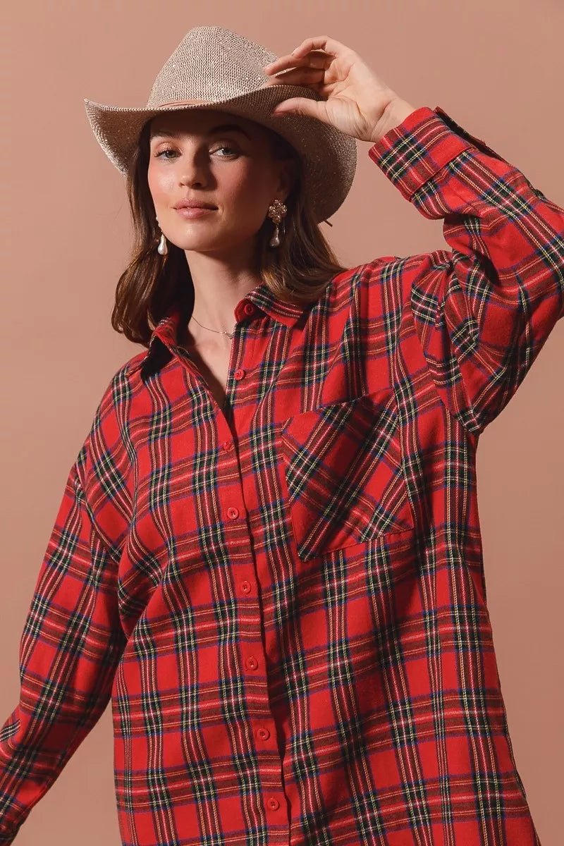 SO ME Christmas Checker Plaid Button Up Shirt Dress - Bitsy Gypsy Boutique