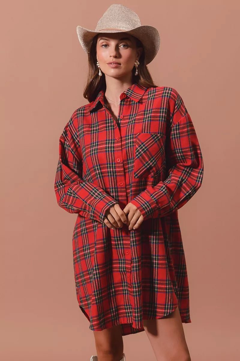 SO ME Christmas Checker Plaid Button Up Shirt Dress - Bitsy Gypsy Boutique