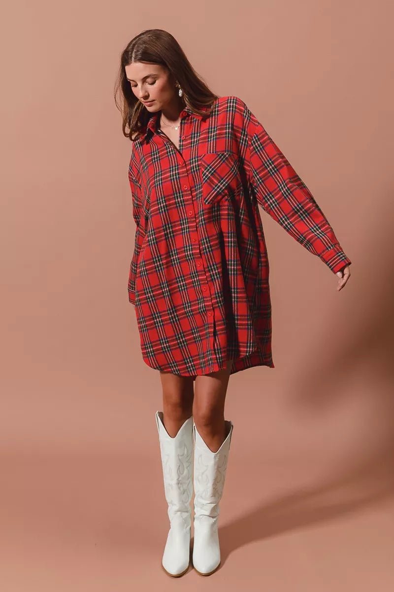 SO ME Christmas Checker Plaid Button Up Shirt Dress - Bitsy Gypsy Boutique