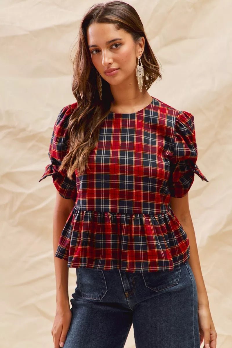 SO ME Christmas Holiday Plaid Ribbon Short Sleeves Top - Bitsy Gypsy Boutique